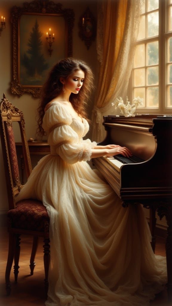 Woman at Piano in Sun-Dappled Room as Antique Watercolor