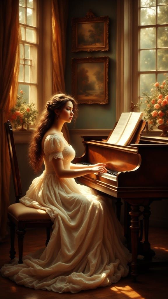 Woman at Piano in Sun-Dappled Room as Antique Watercolor