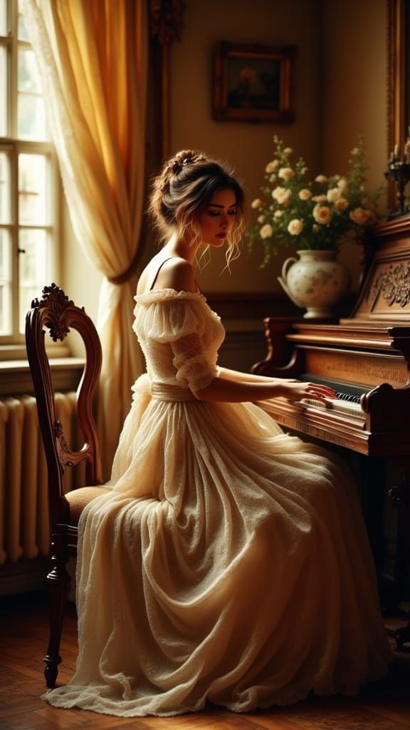 Woman at Piano in Sunlit Room, Antique Watercolor