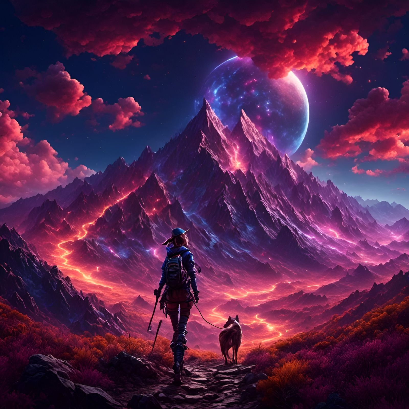 Anime Adventurer on Cosmic Moonlit Hike