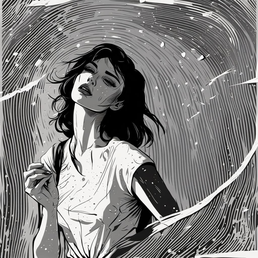 Sad Girl in Rain, Lichtenstein-Style Black and White Art