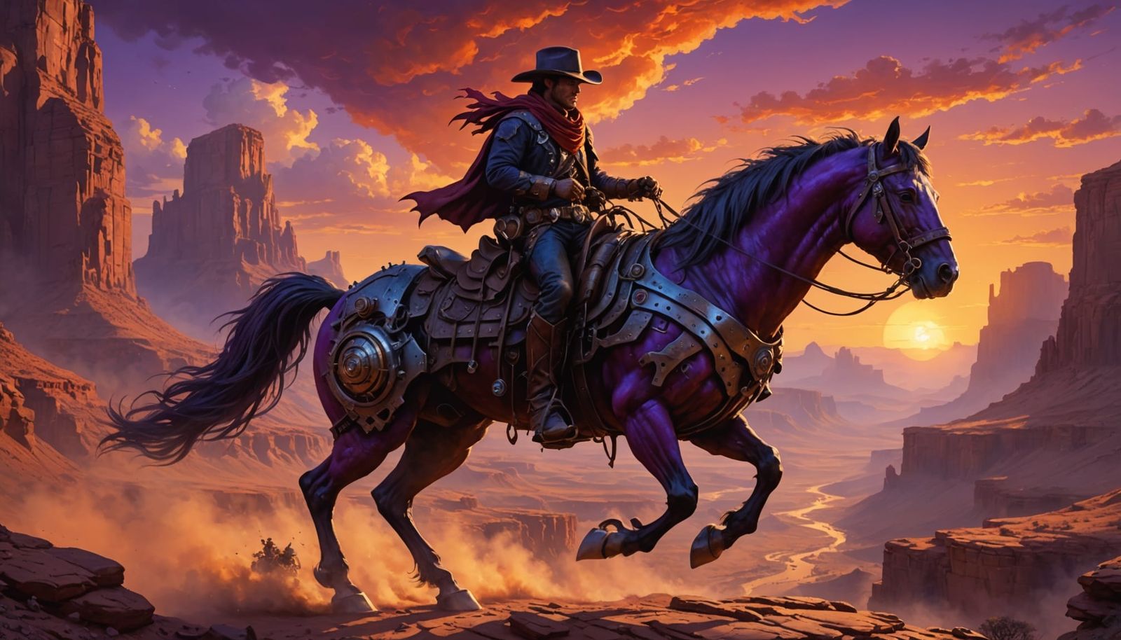 Steampunk Cowboy Rides Mechanical Horse at Binary Sunset