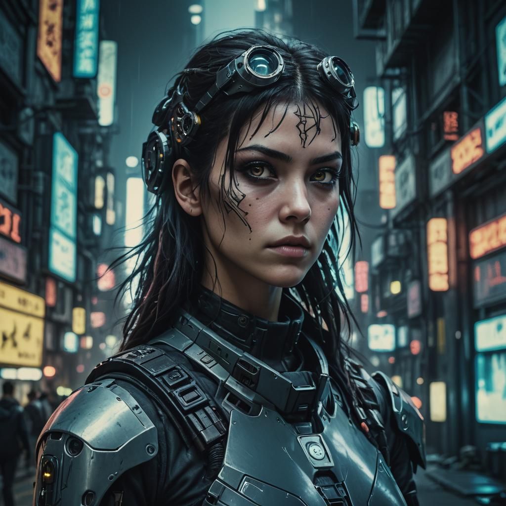 Cyberpunk Woman with Cybernetic Eyes in Cinematic Style