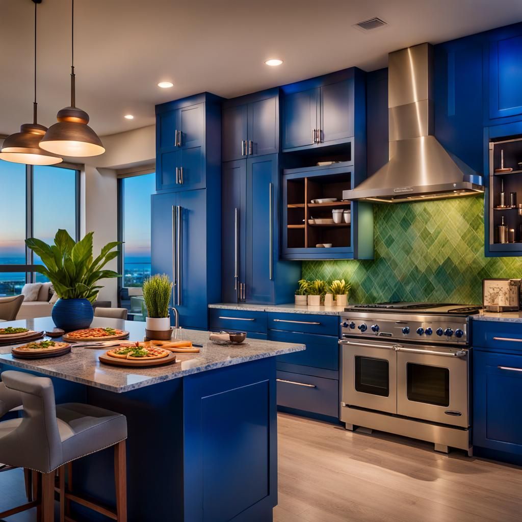 Luxury Condo Kitchen at Sunset with Pizza