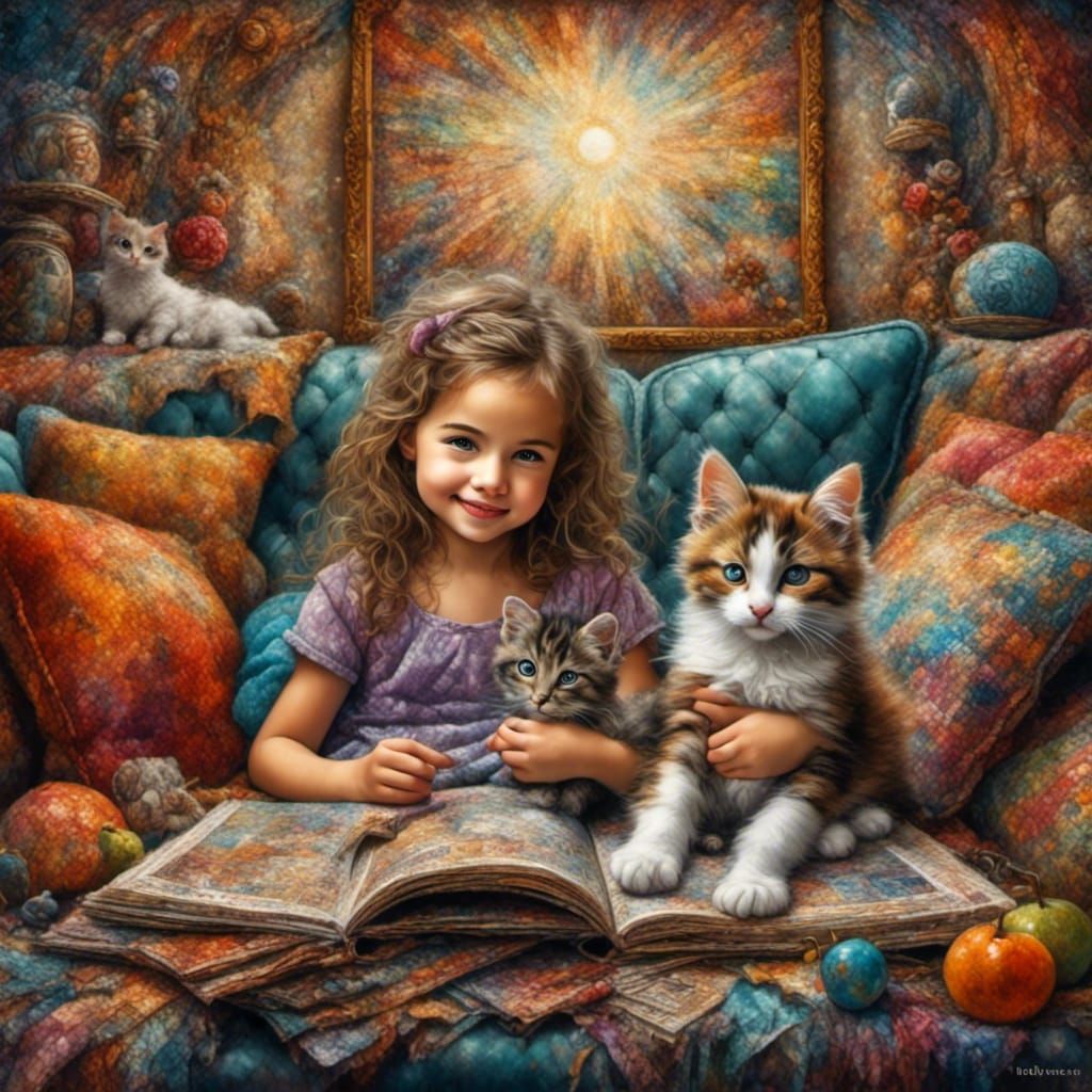 Baby Girl and Kitten Bonding: Oil Painting Style