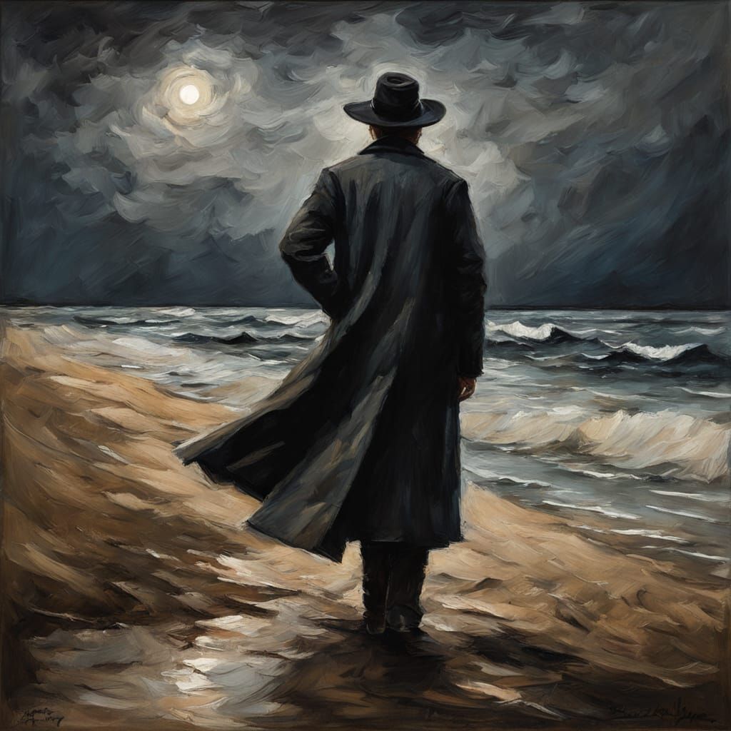 Man in Hat on Beach at Night, Painterly Style