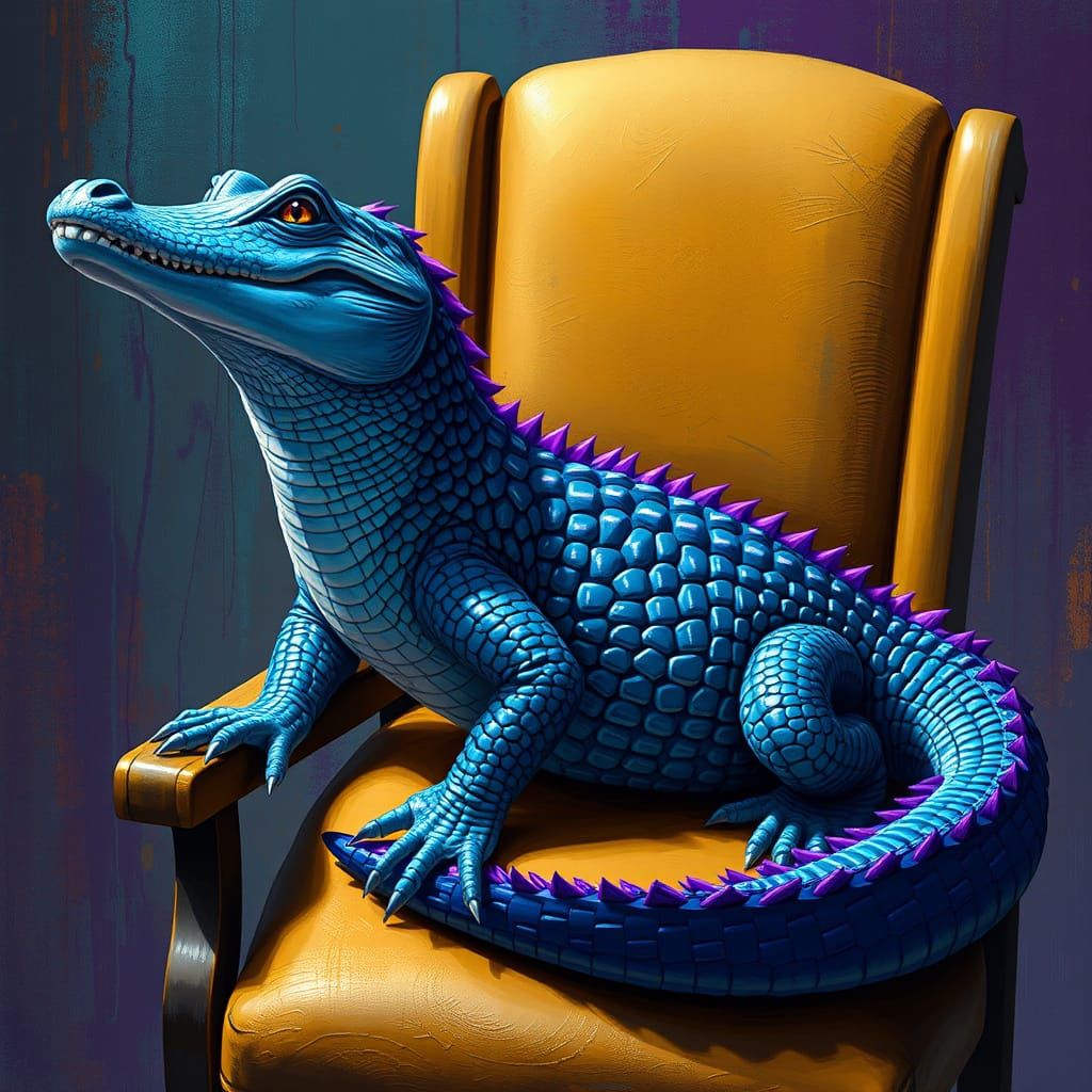 Blue Alligator on Chair with Purple Tail