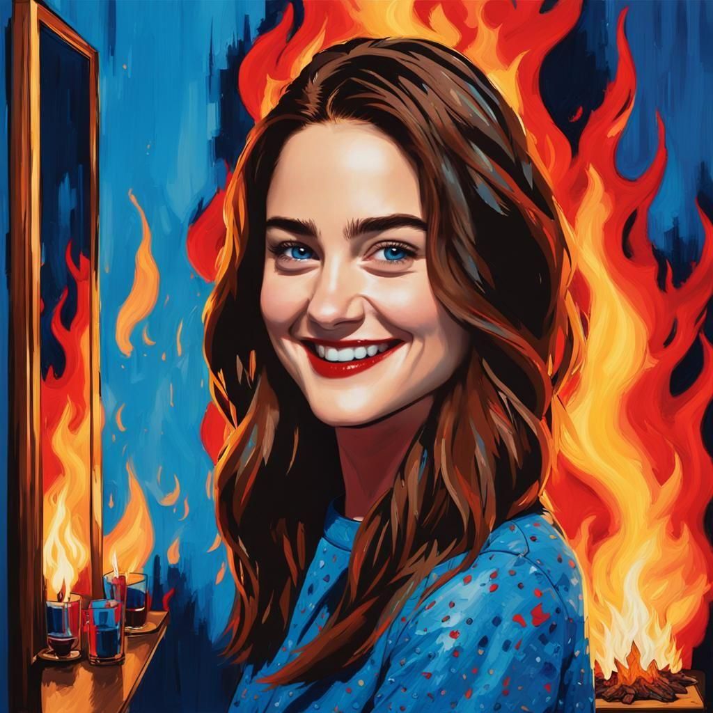 Woman with Blue Makeup and Fiery Backdrop