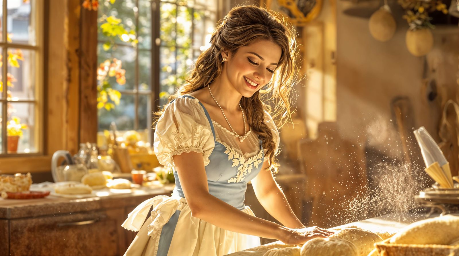 Happy Princess Belle Bakes Bread in Sunny Kitchen