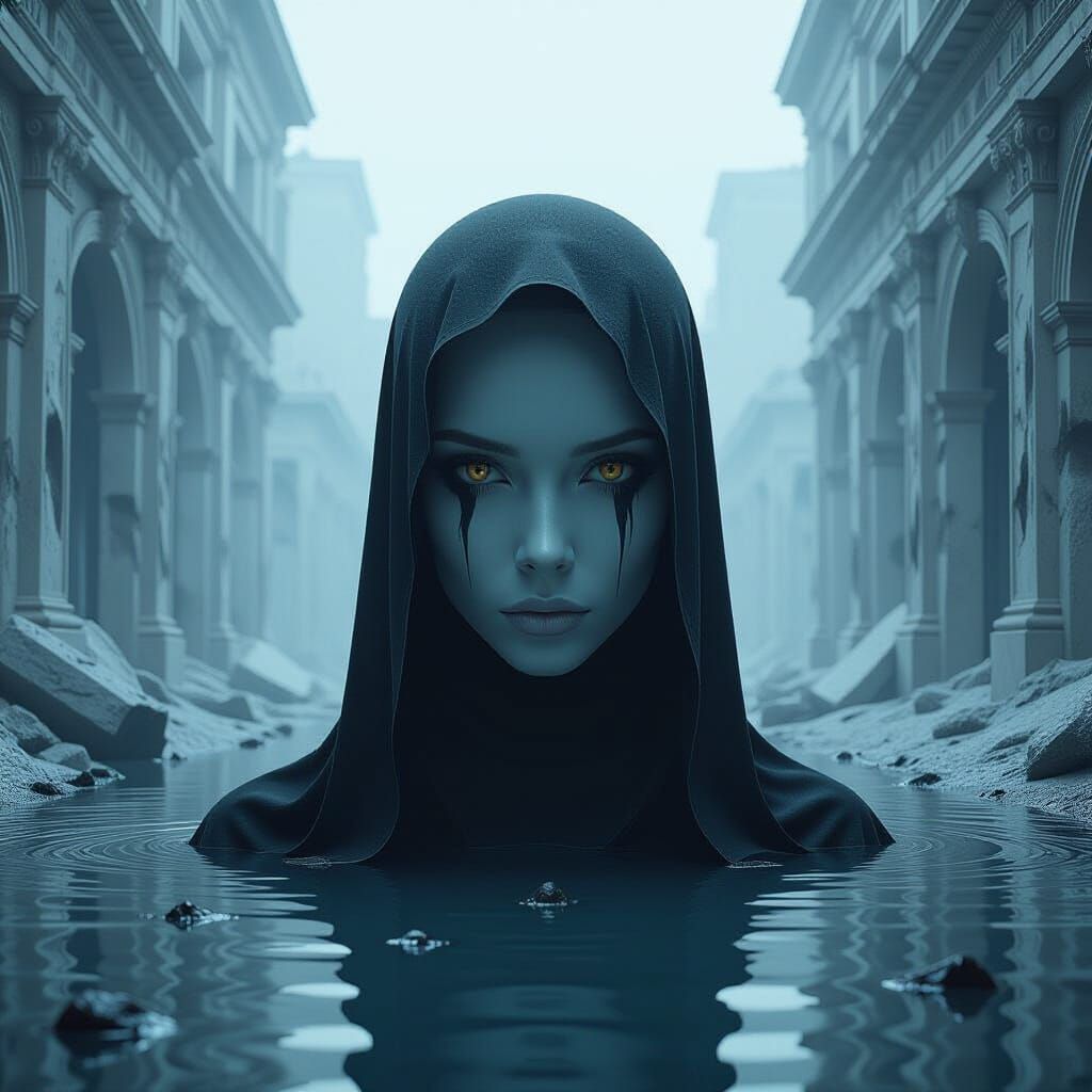 Surreal Figure in Dreamscape with Realistic Eyes