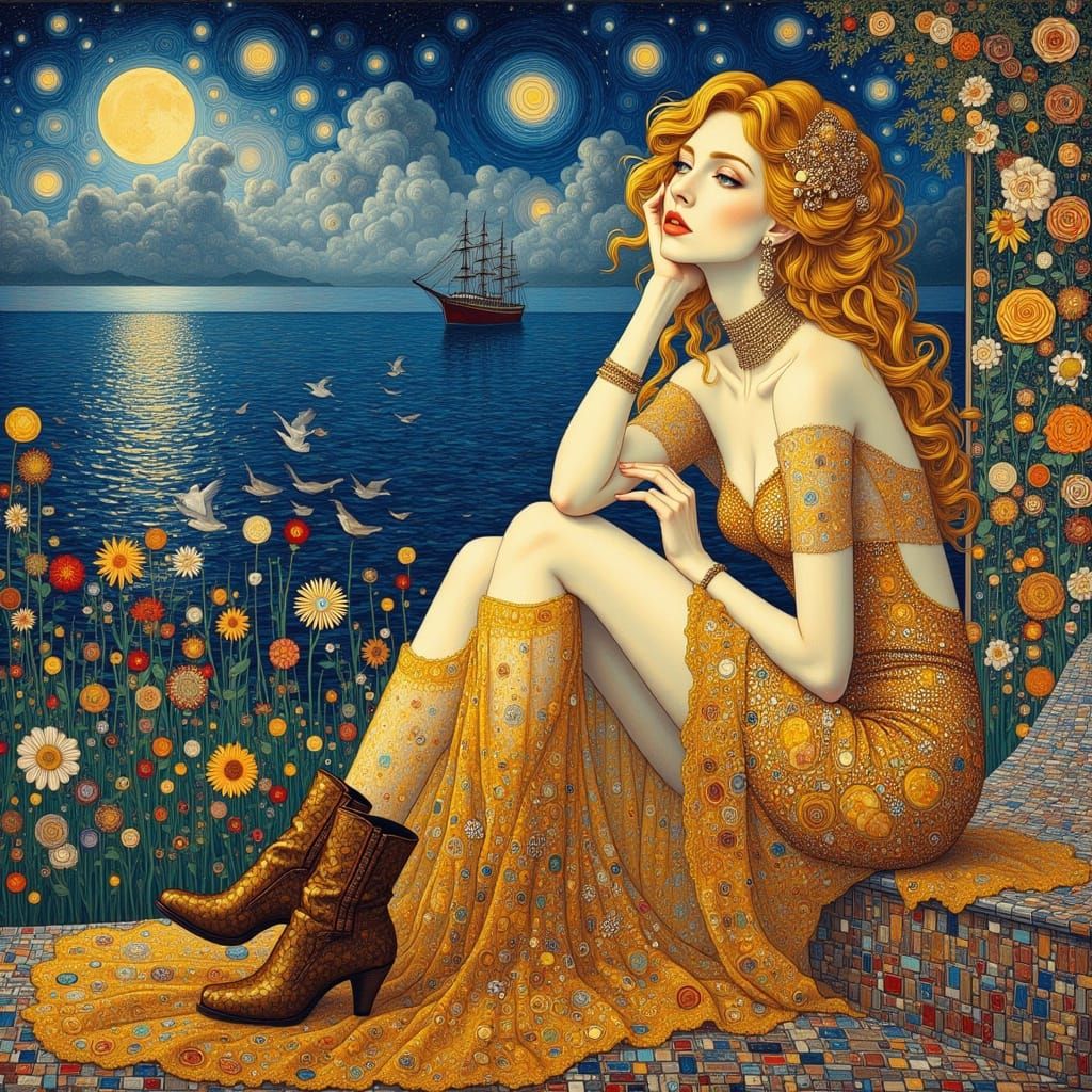 Woman on Terrace Overlooking Sea in Klimt Style