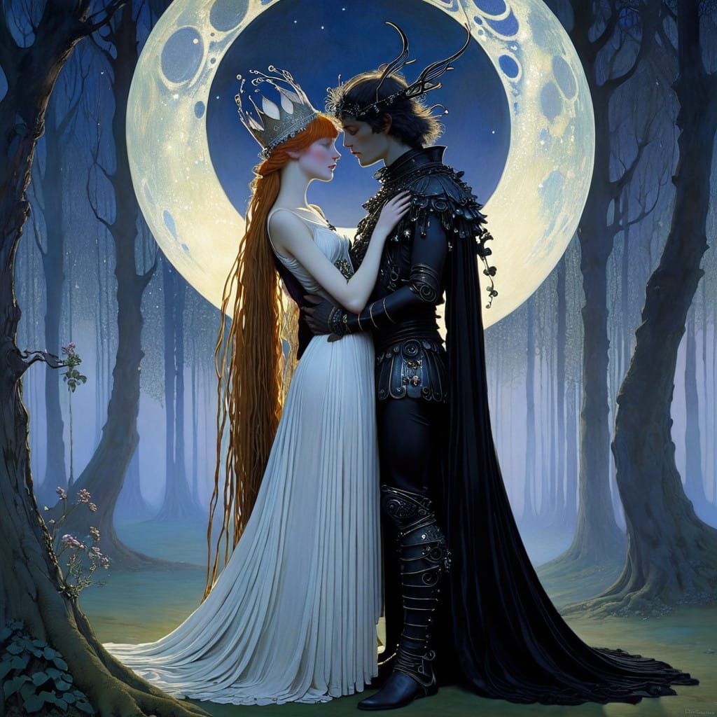 Surreal Dark Fae Courtship Scene in Whimsical Waterhouse Sty...