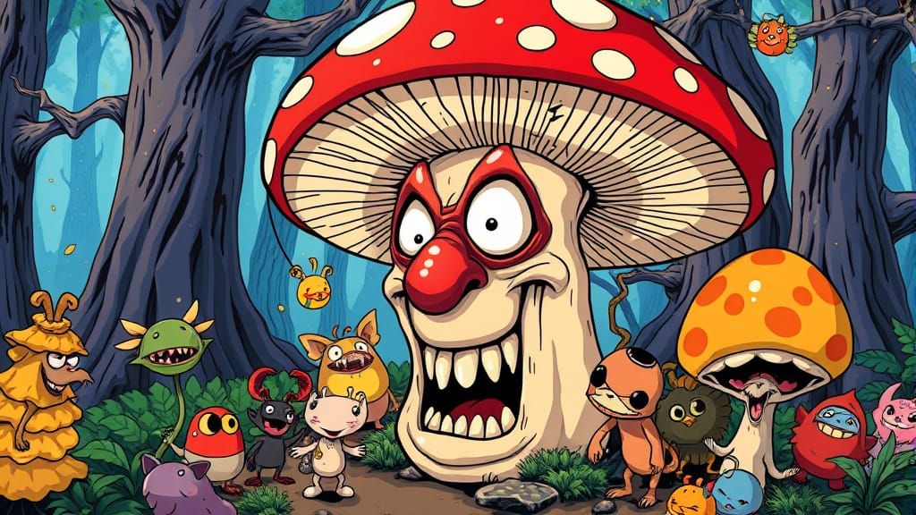 Whimsical Mushroom Character in Mystical Anime Style Forest