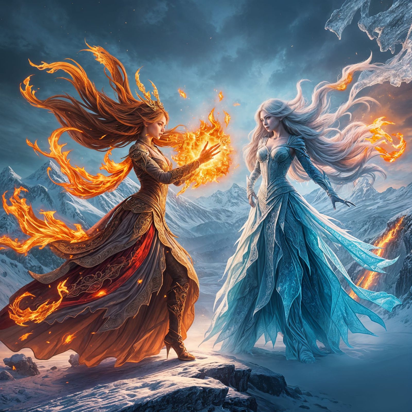 Fiery Princess vs Icy Rival: Fantasy Concept Art