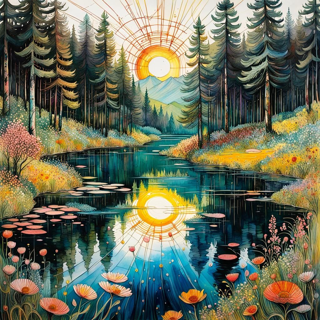 Blooming Lake Landscape Inspired by Hundertwasser