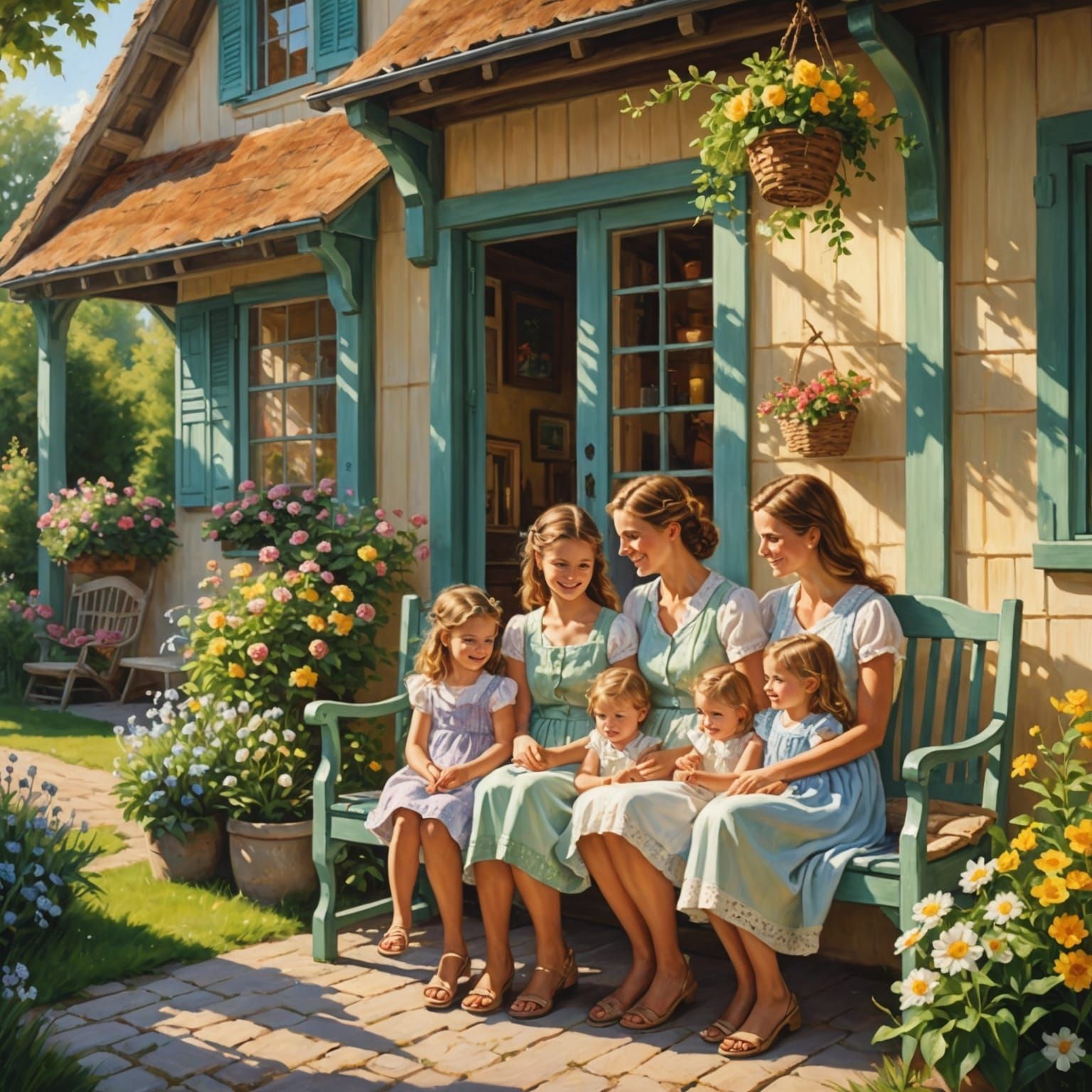 Mother and Daughters on Porch Swing in Oil Painting Style
