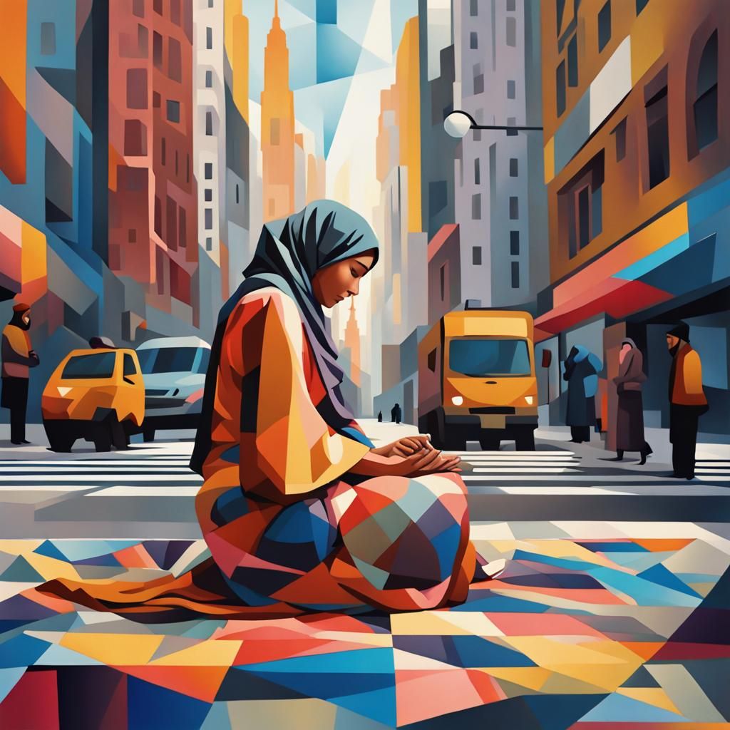 Muslim Woman Praying in New York: Cubist Art Deco Style