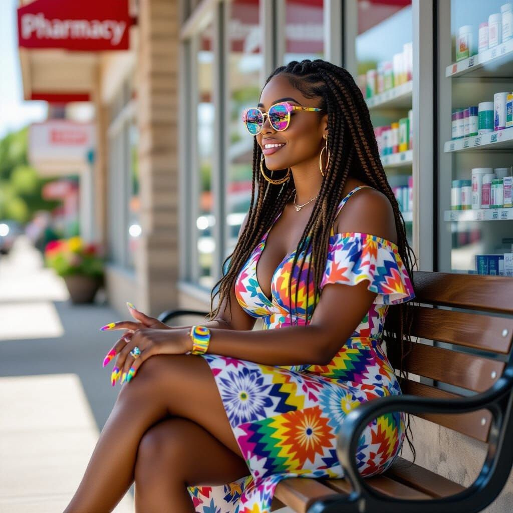 Black Woman in African Dress Outside Pharmacy