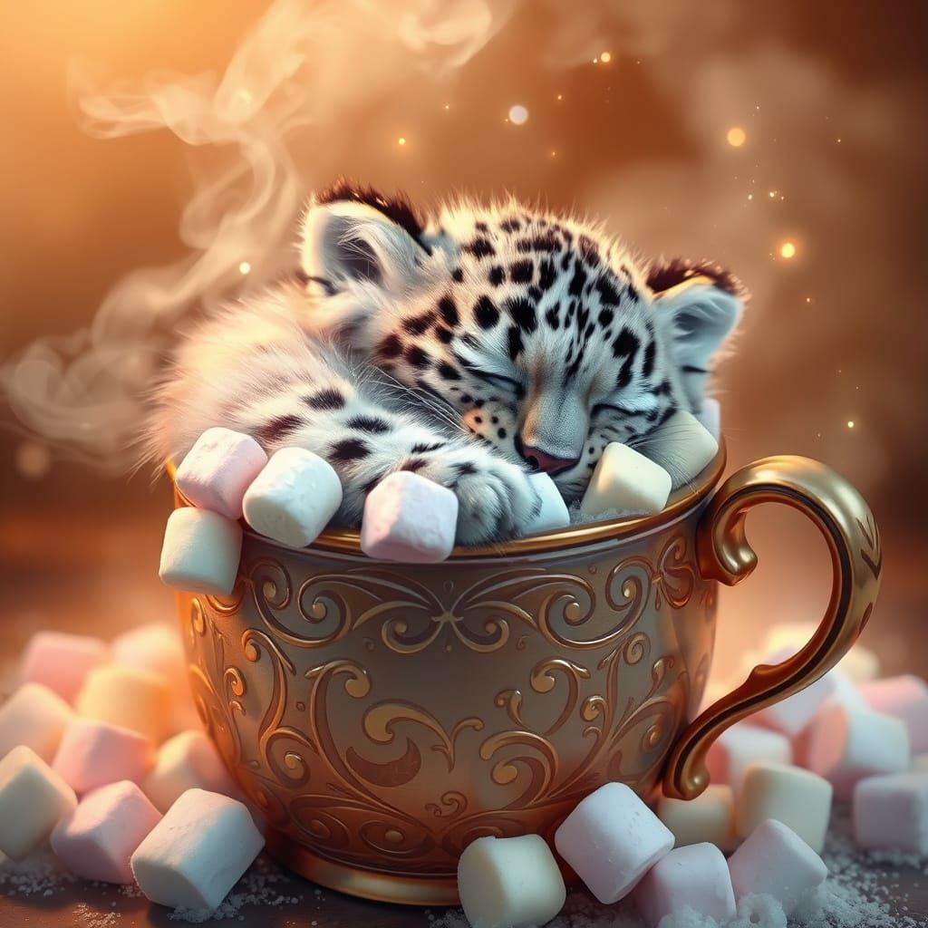 fluffy furry snow leopard sleeping in a mug of hot chocolate full of marshmallows. rainbow marshmallows inside and aroun...