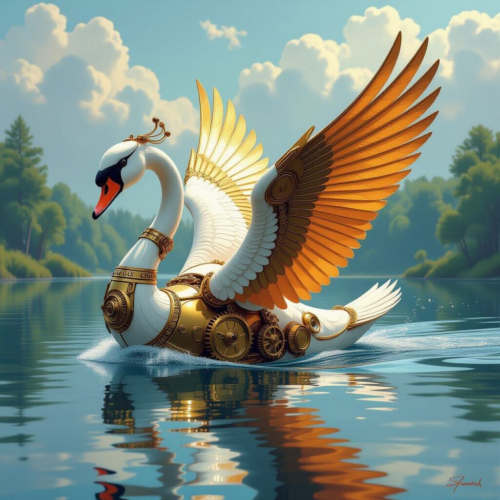 Steampunk Swan Automaton Glides on Lake