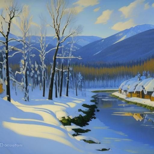 Snowy Valley Landscape: Oil Painting