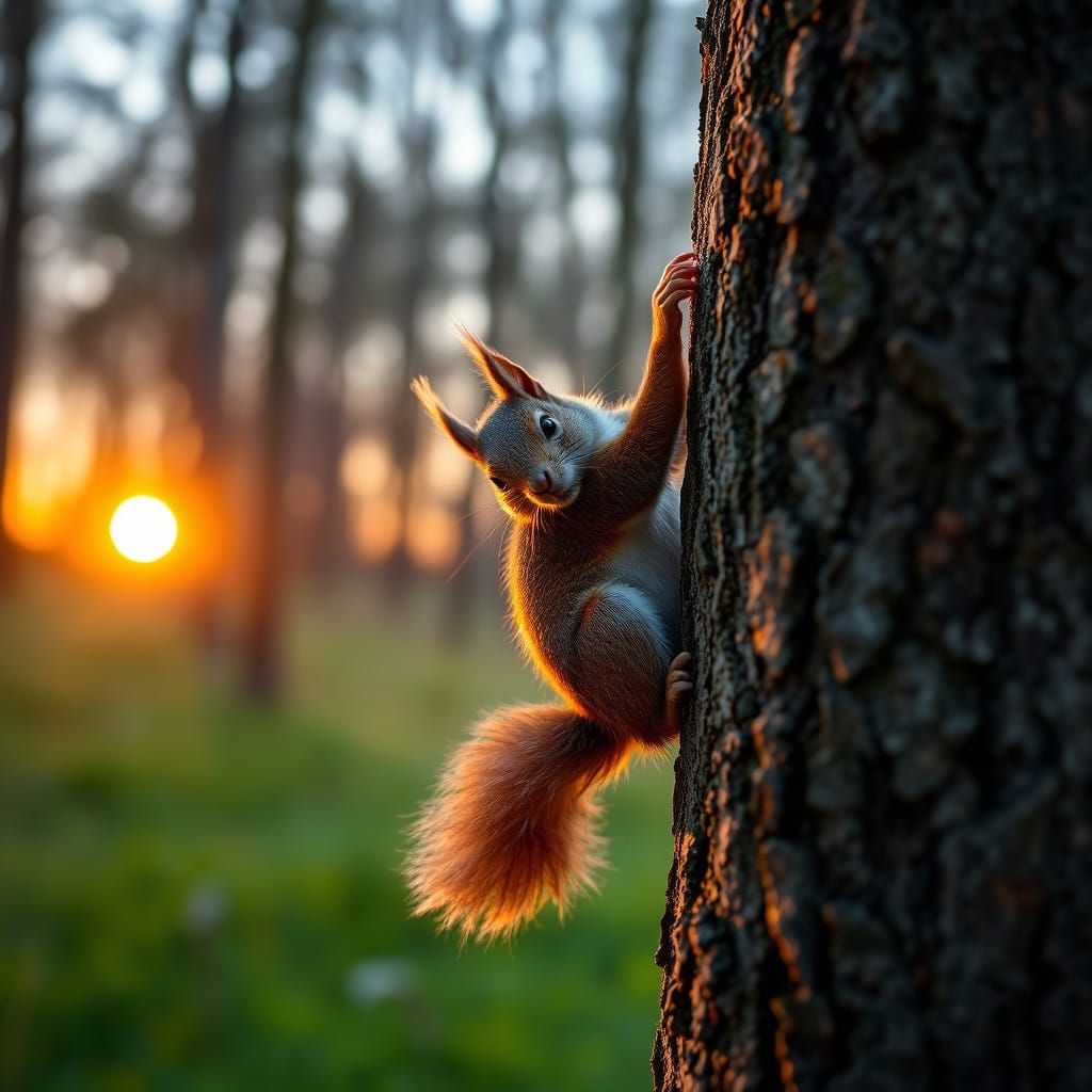 Sophisticated Squirrel Ascends Sunlit Woodland Tree