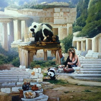 Panda and Companion Enjoy Picnic in Greek Ruins