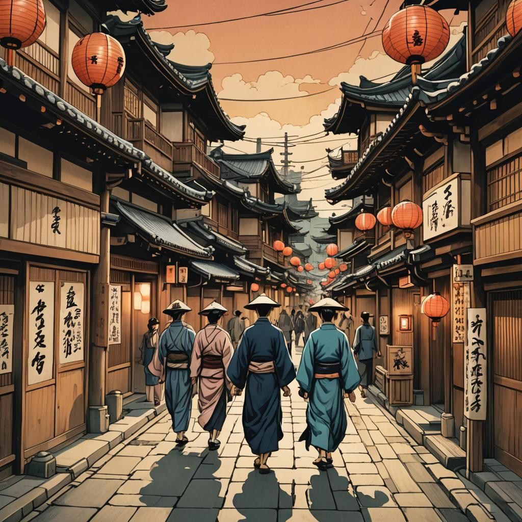 Vibrant Ukiyo-e Street Scene with Lanterns