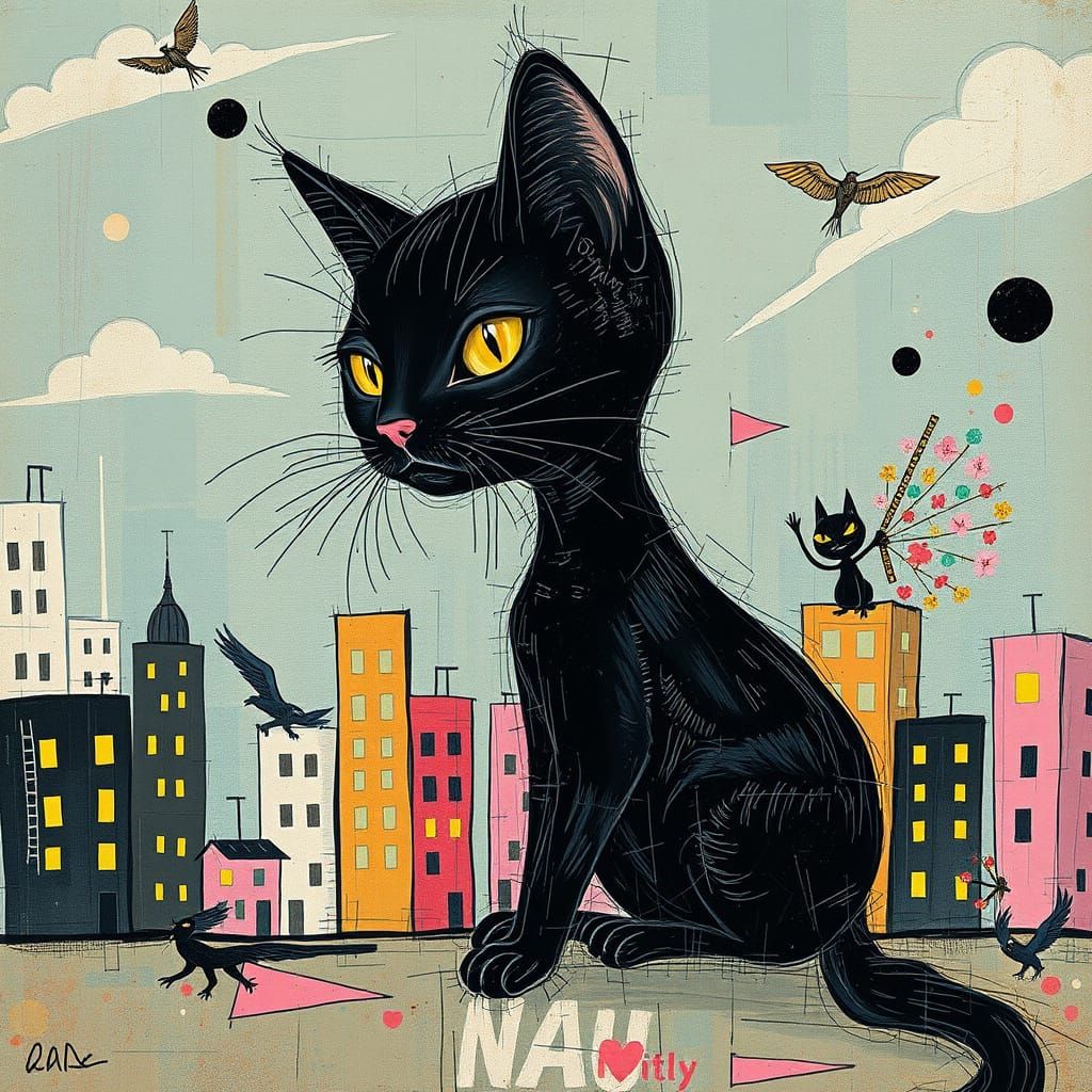 Surreal Black Cat City in Pastel Colors