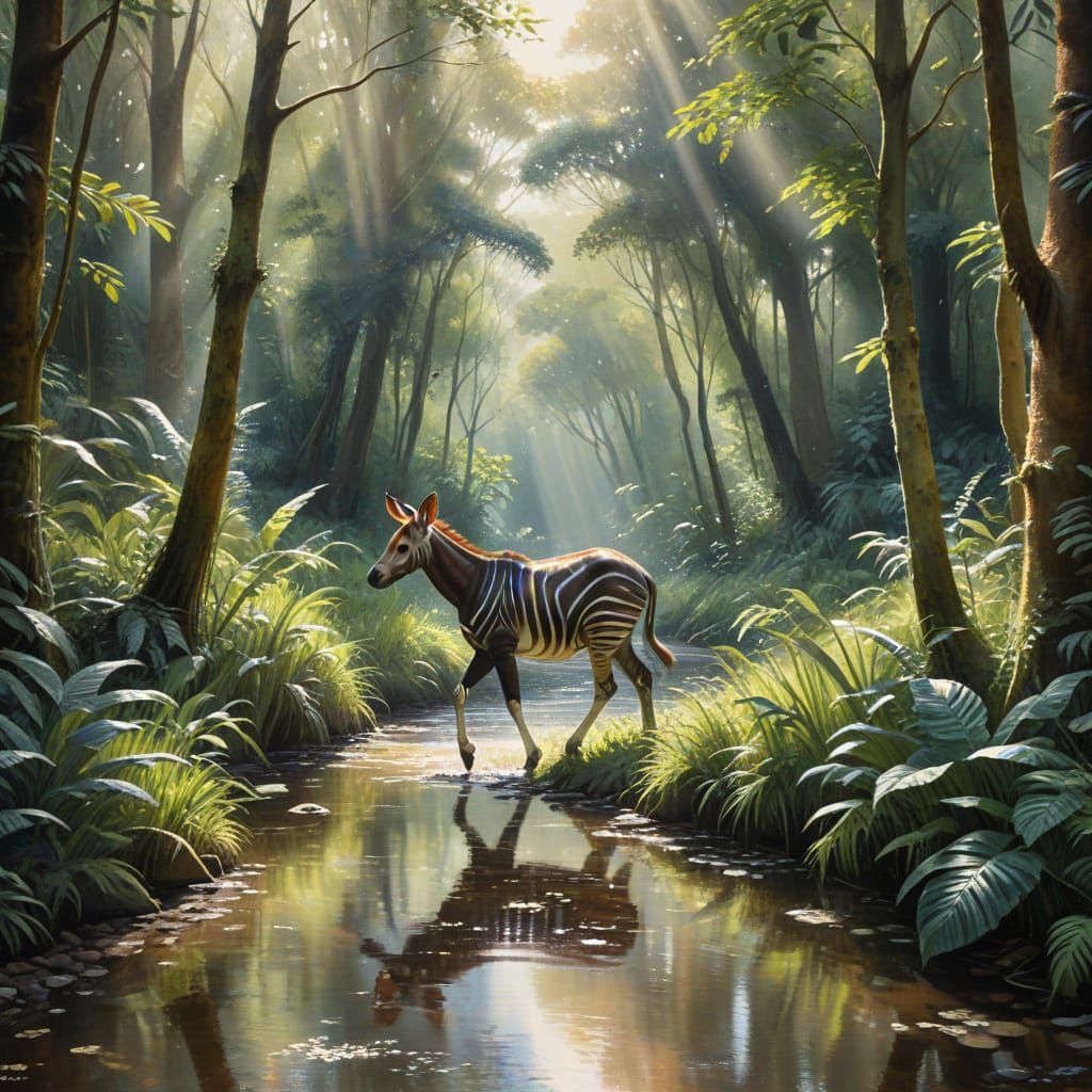 Okapi in Lush Jungle, Watercolour Painting