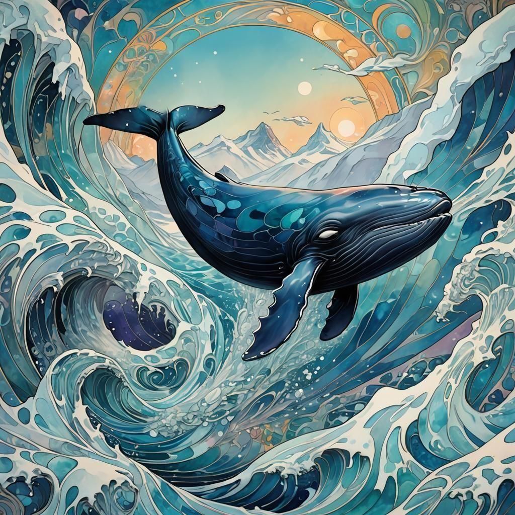 Whale Leaps Before Glacier in Art Nouveau Style