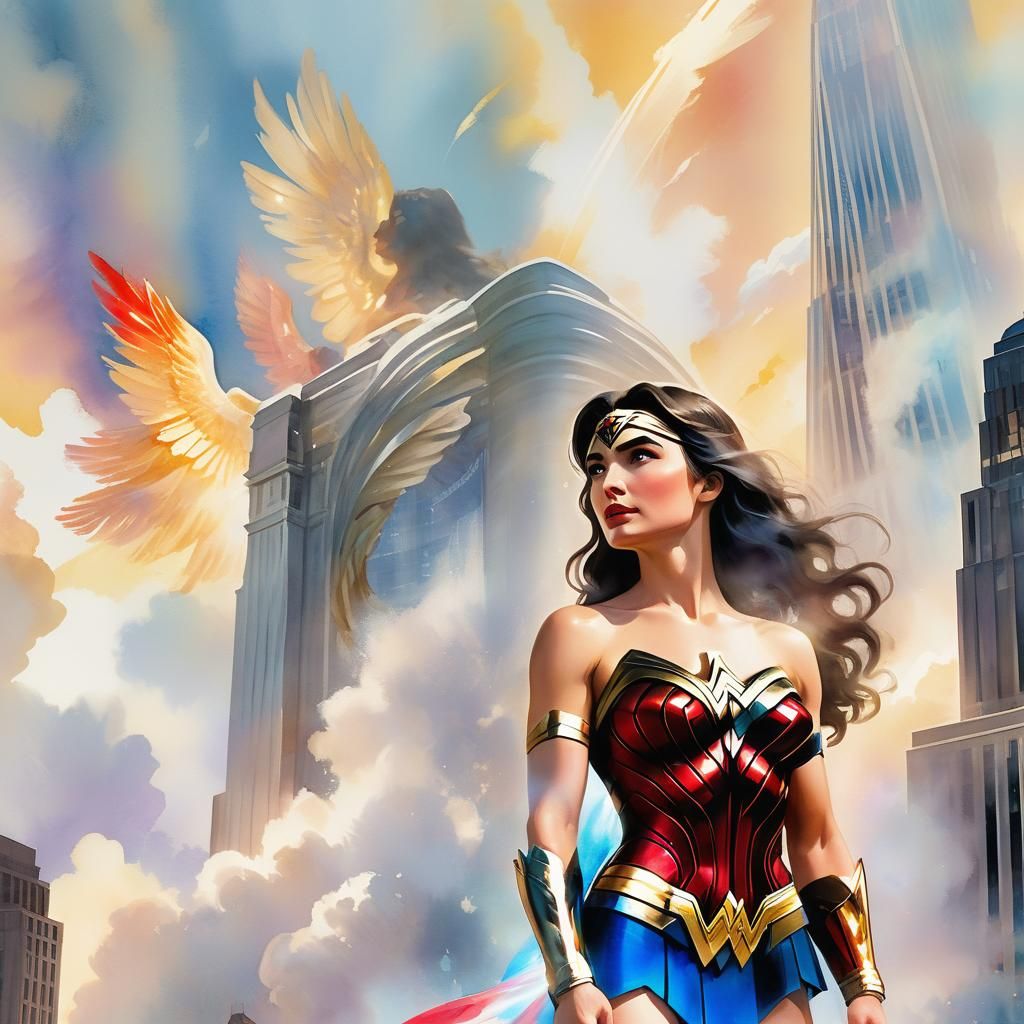 Wonder Woman at World Trade Center, Watercolor Style