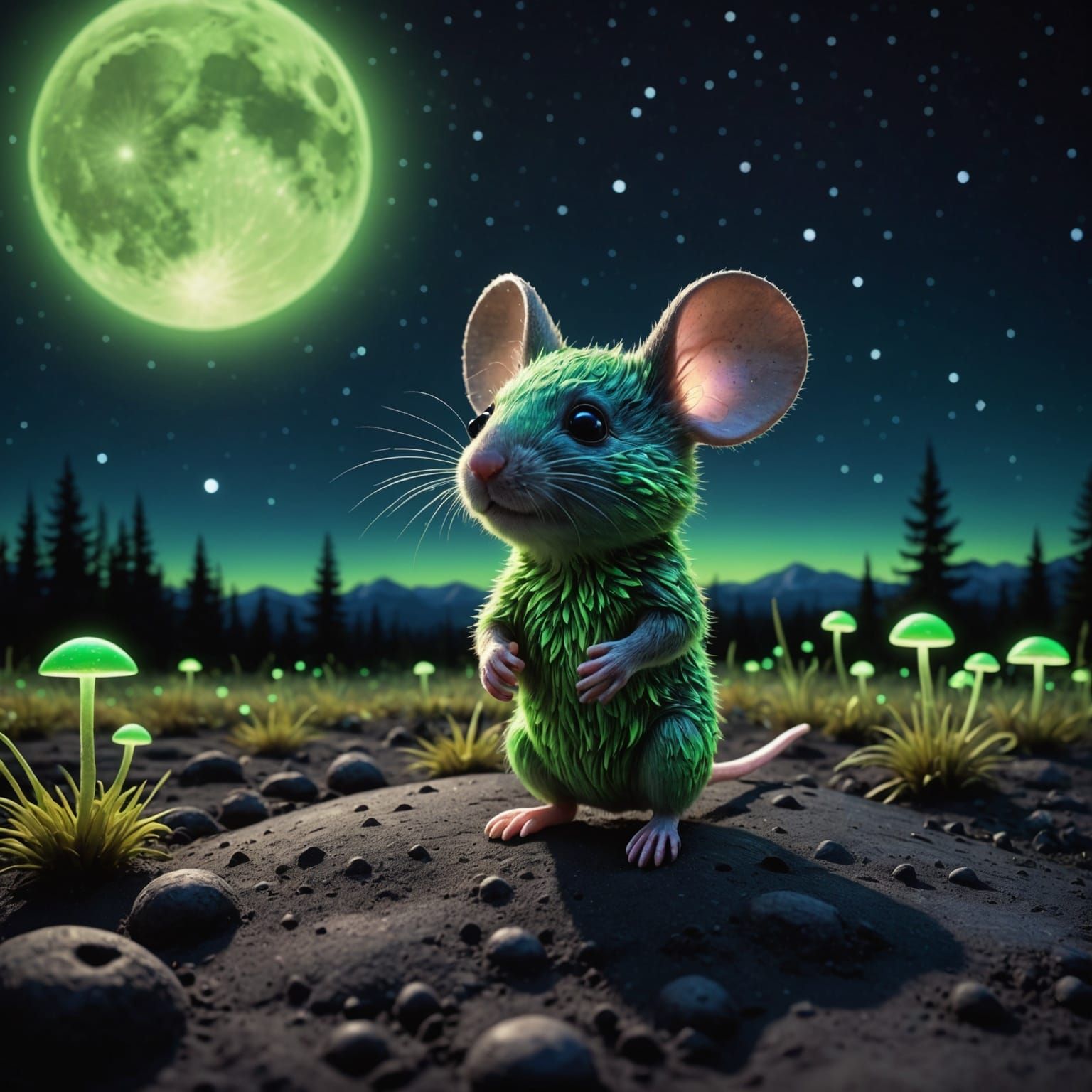Bioluminescent Chibi Mouse on Moon in Neon Style