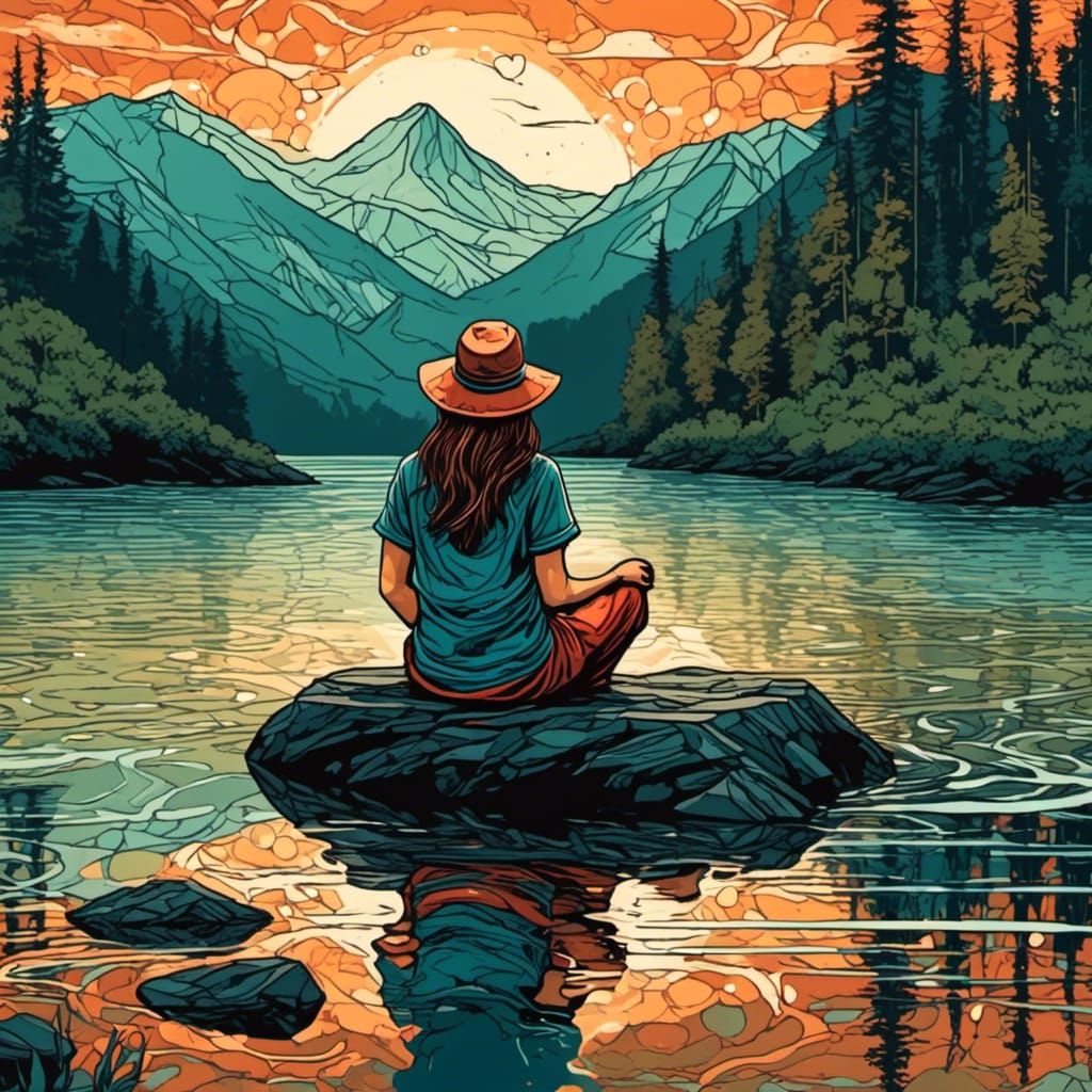 Serene Woman Pondering Universe as Screen Print