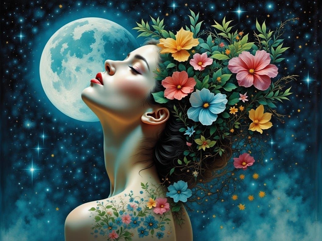 Woman Basks in Moonlight, Surrounded by Exotic Flowers and L...