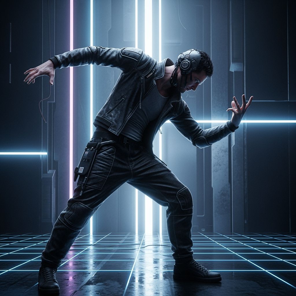 Futuristic Warrior Poised in Neon-Lit Grid