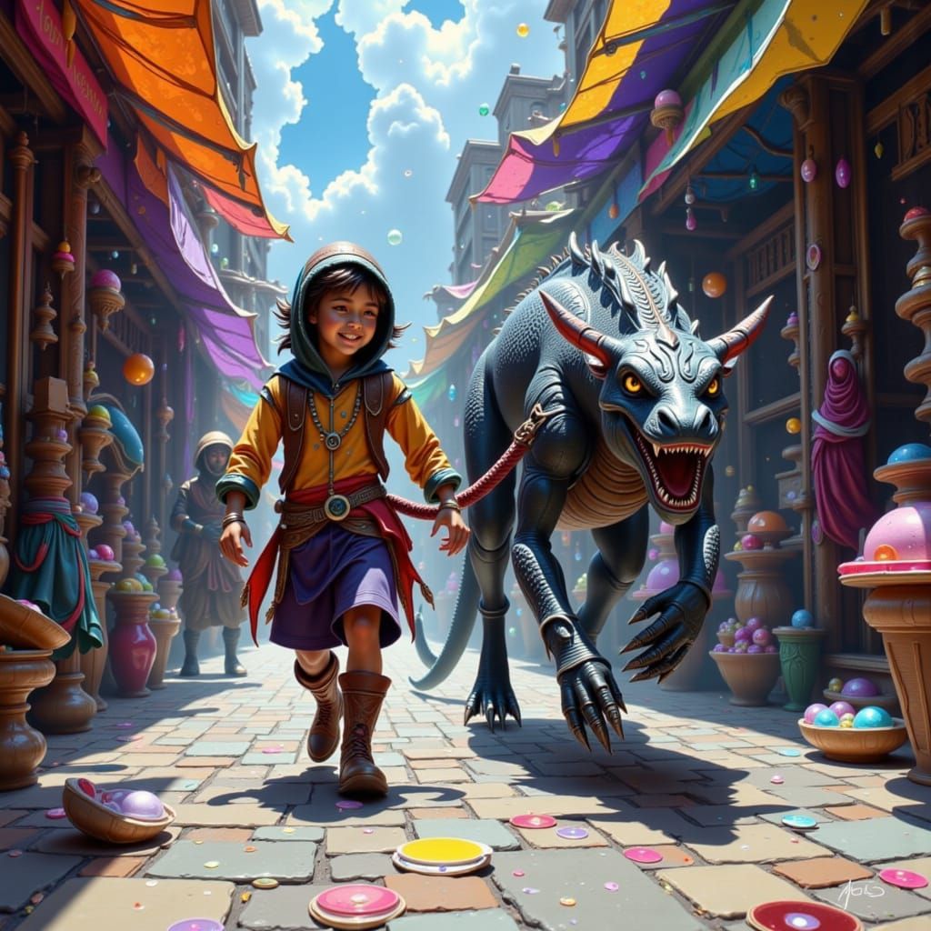 Child Leads Displacer Beast Through Market Square