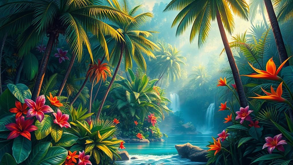 Luminous Jungle with Waterfalls: A Digital Painting