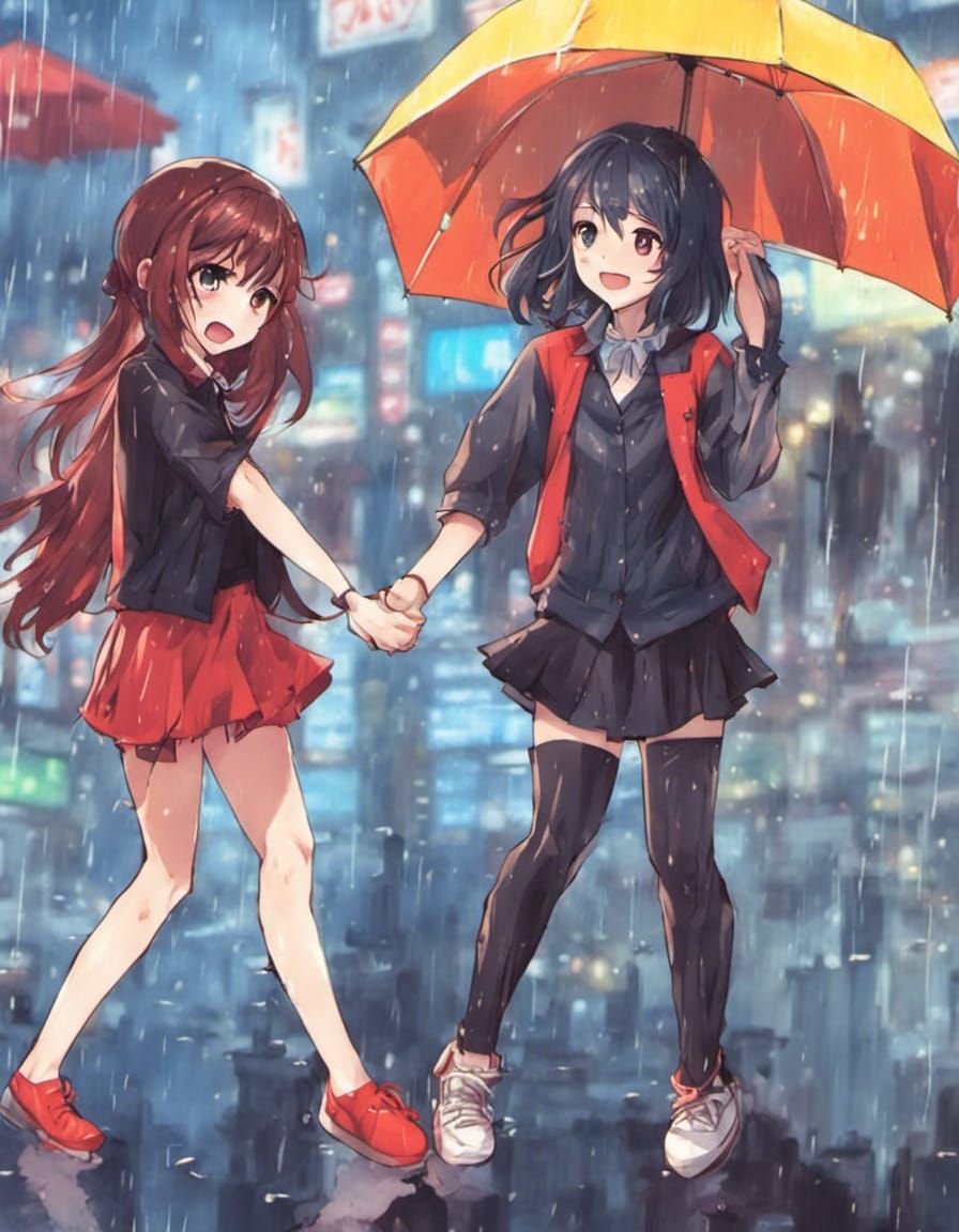 Two Girls Dancing in Rainy Street: Anime Style