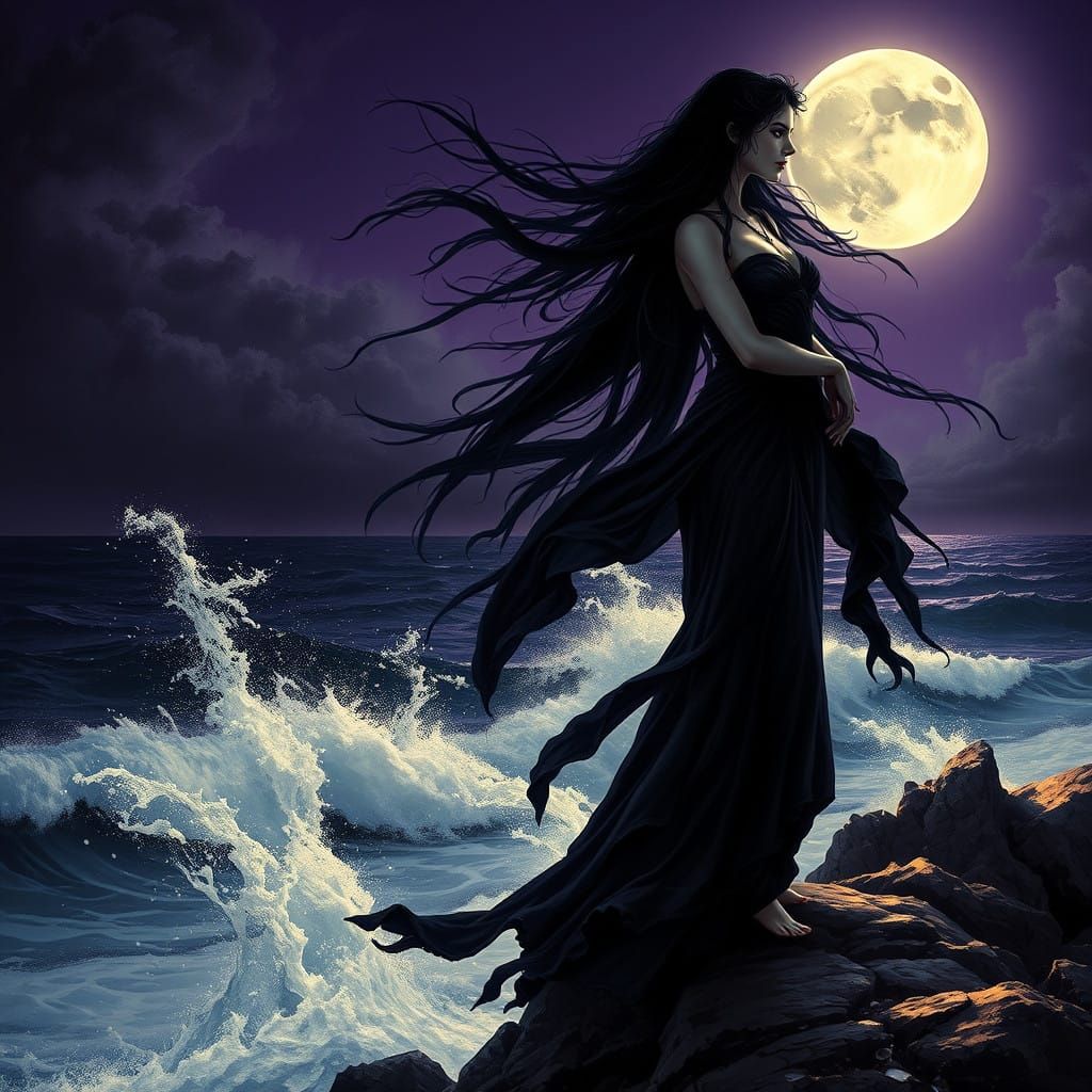Dark Goddess Under Full Moon, Ocean Shore Majesty