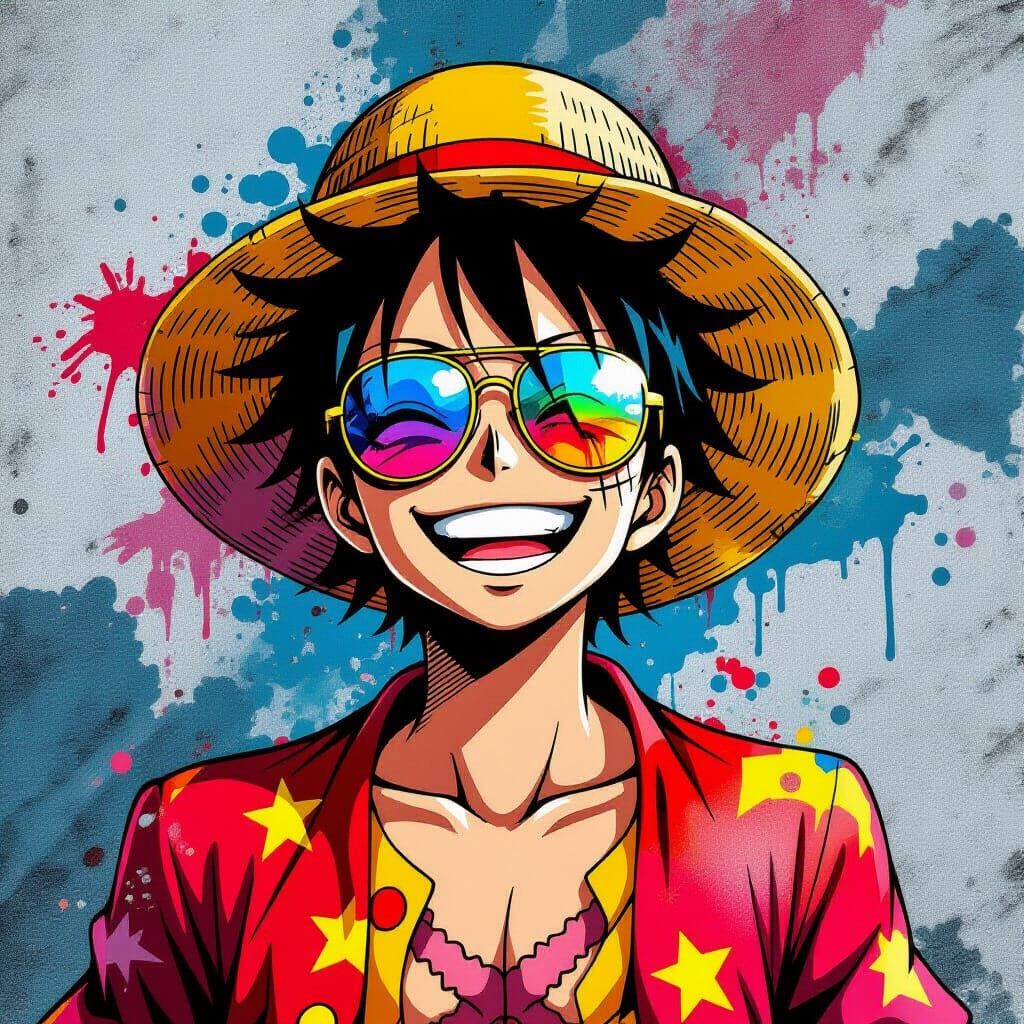 Joyful Character in Luffy Gear with Vibrant Graffiti Art Sty...