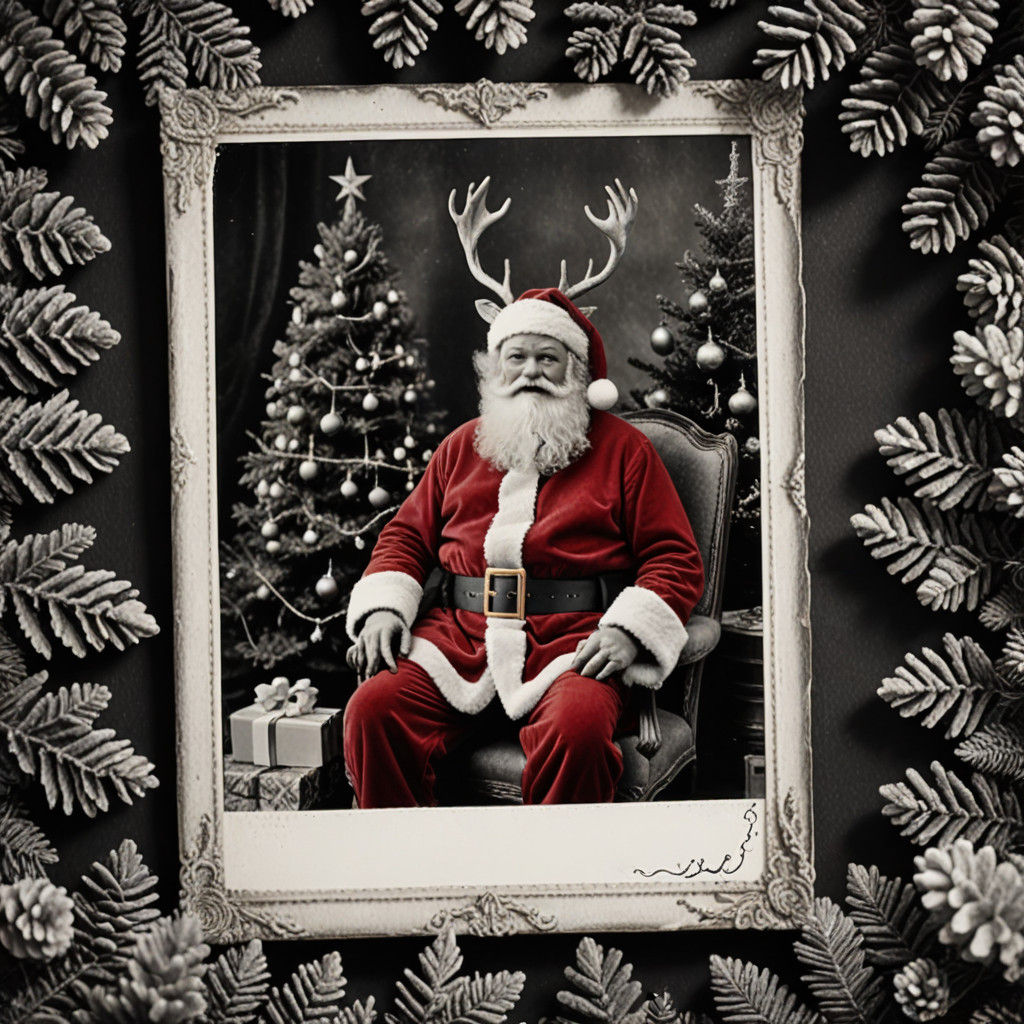 Vintage Santa Claus in Red Velvet with Deer and Christmas Tr...