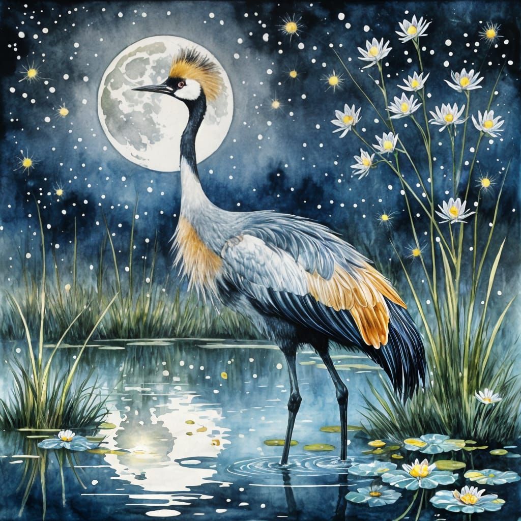 Gray Crowned Crane Watercolor Illustration by Klimt