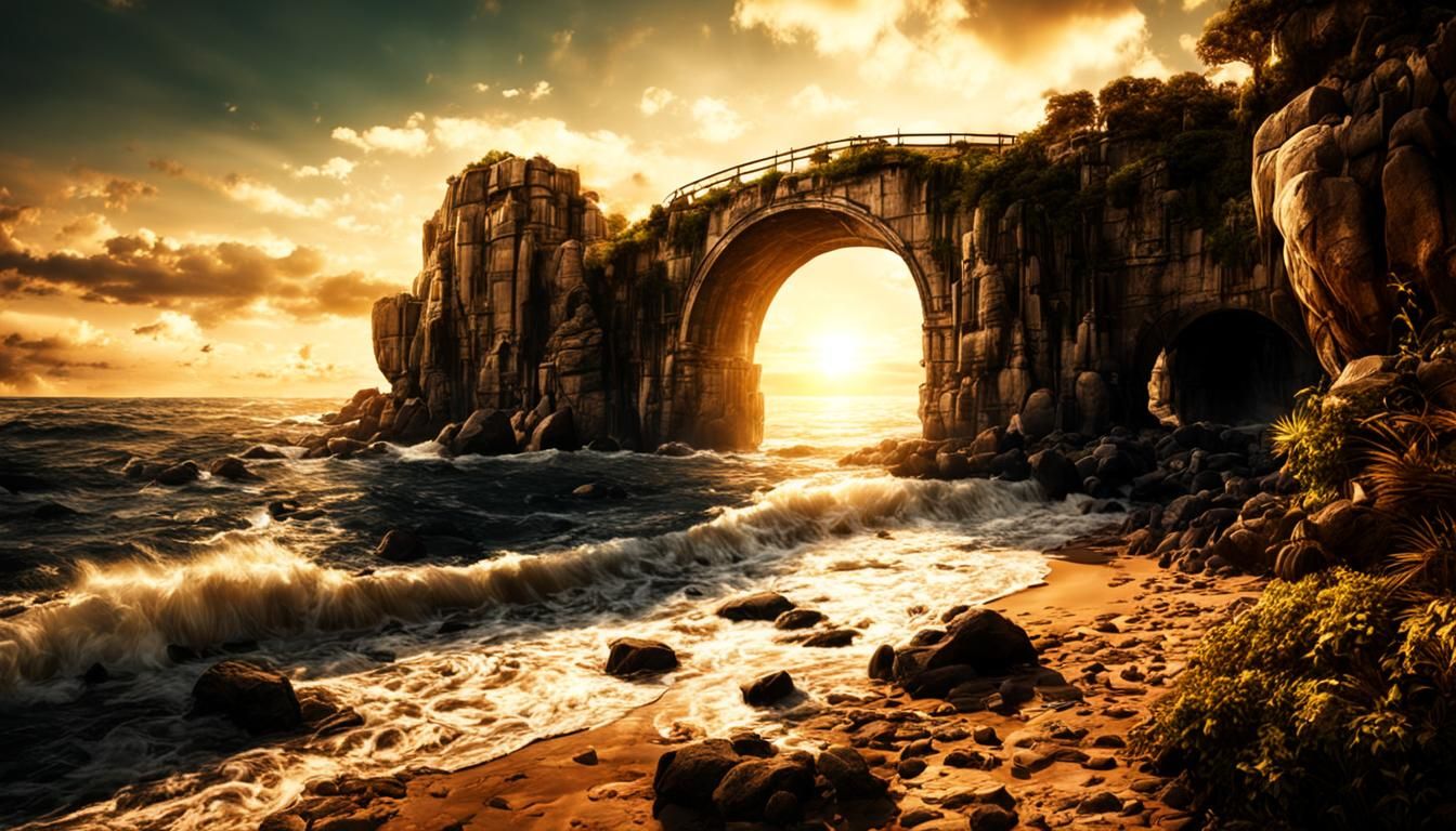 Sepia Sunset Over Beach Garden Stone Arch