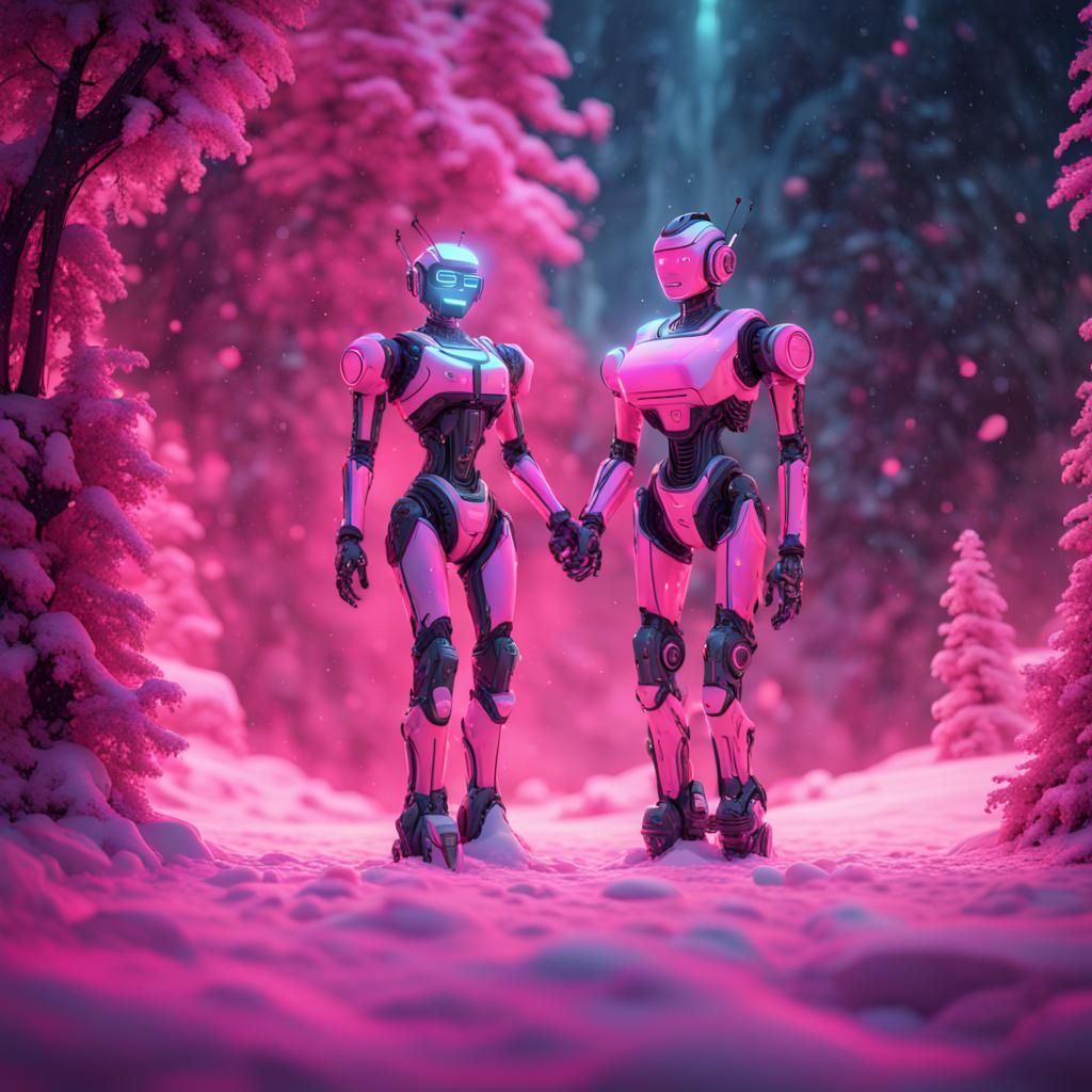Robots Holding Hands in Neon Snowscape