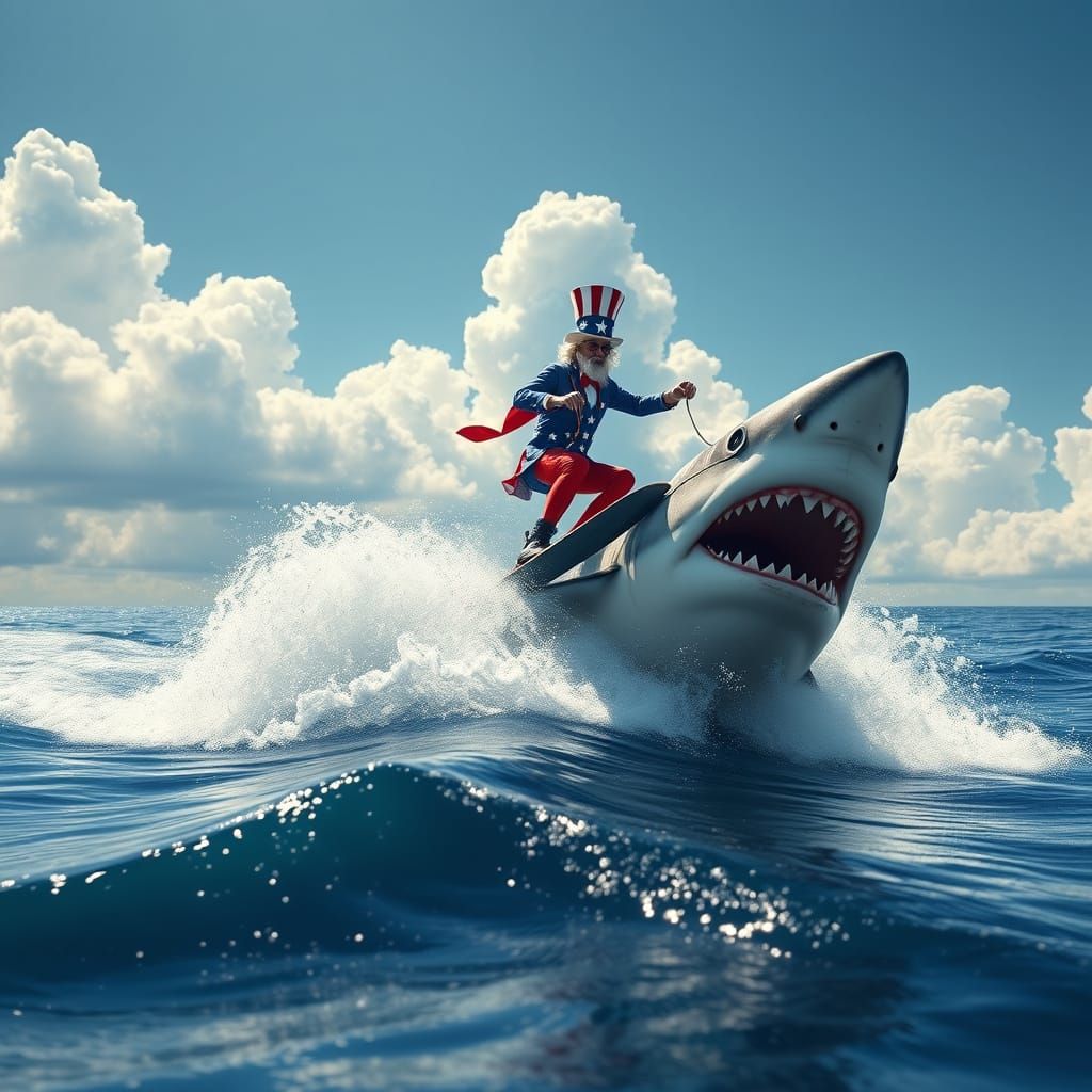 Patriotic Icon Soars Over a Breaching Shark in a Dreamlike W...