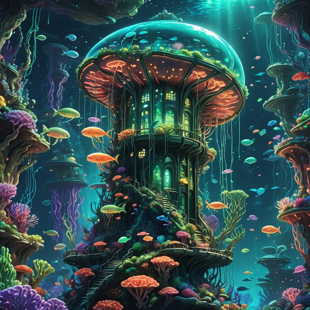 Bioluminescent Coral Reef Palace in Whale Outline