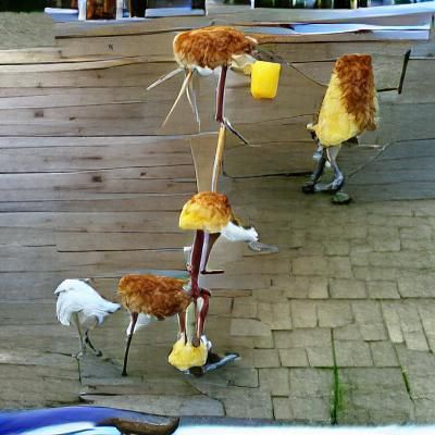 Chickens on Stilts with Cheese: A Whimsical Scene