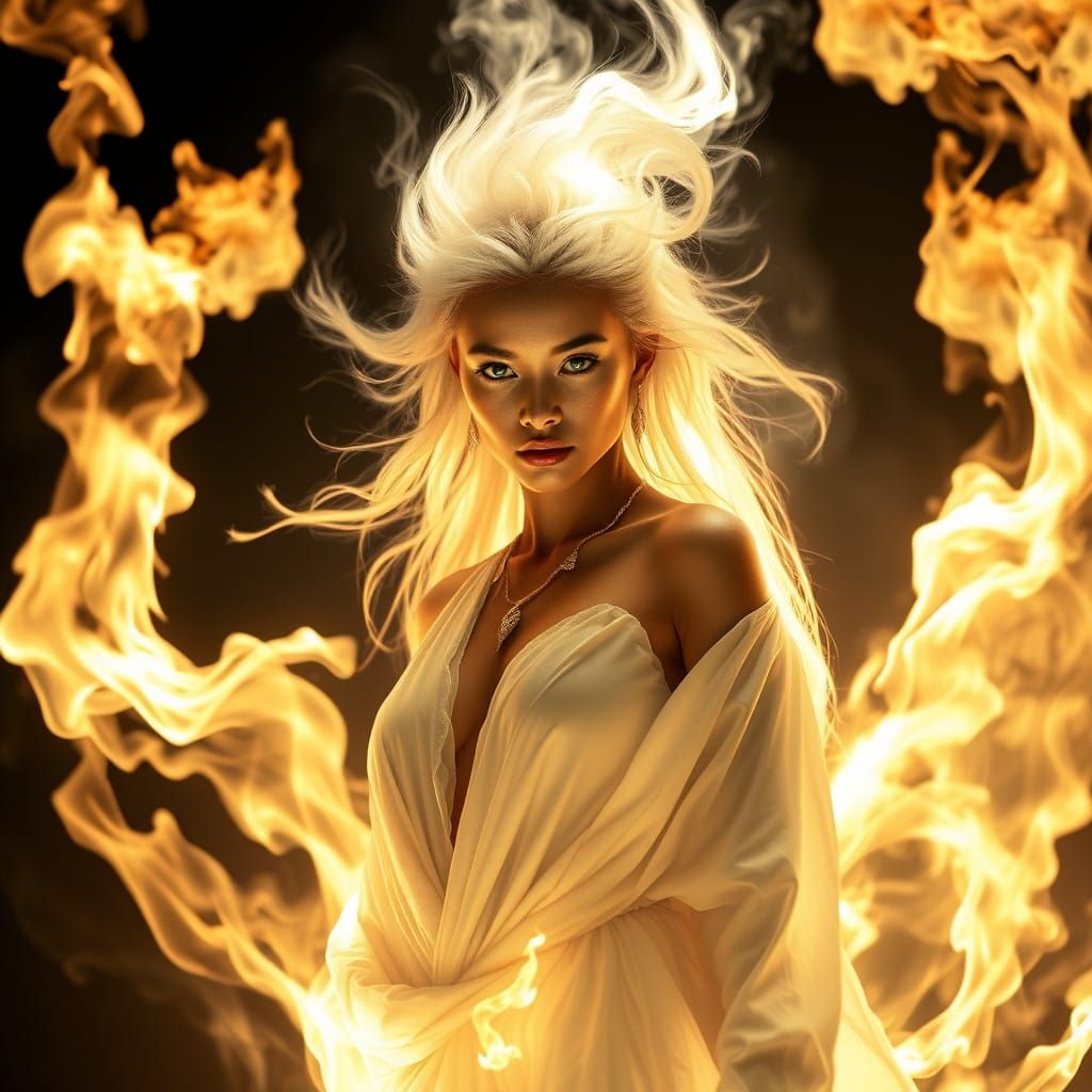 Enigmatic White Hair Woman in Fiery Aura