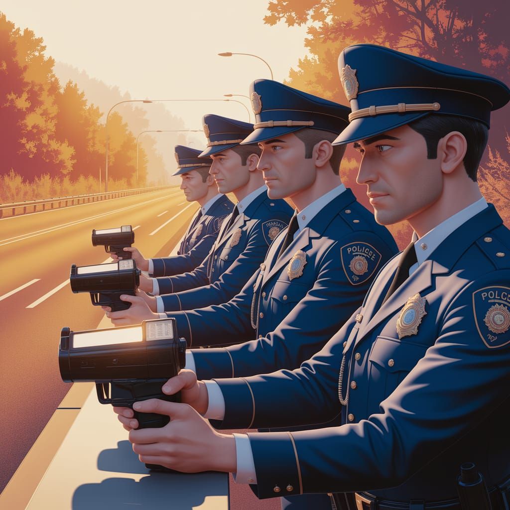 Police Officers Use Radar Gun on Roadside in Cartoon Style